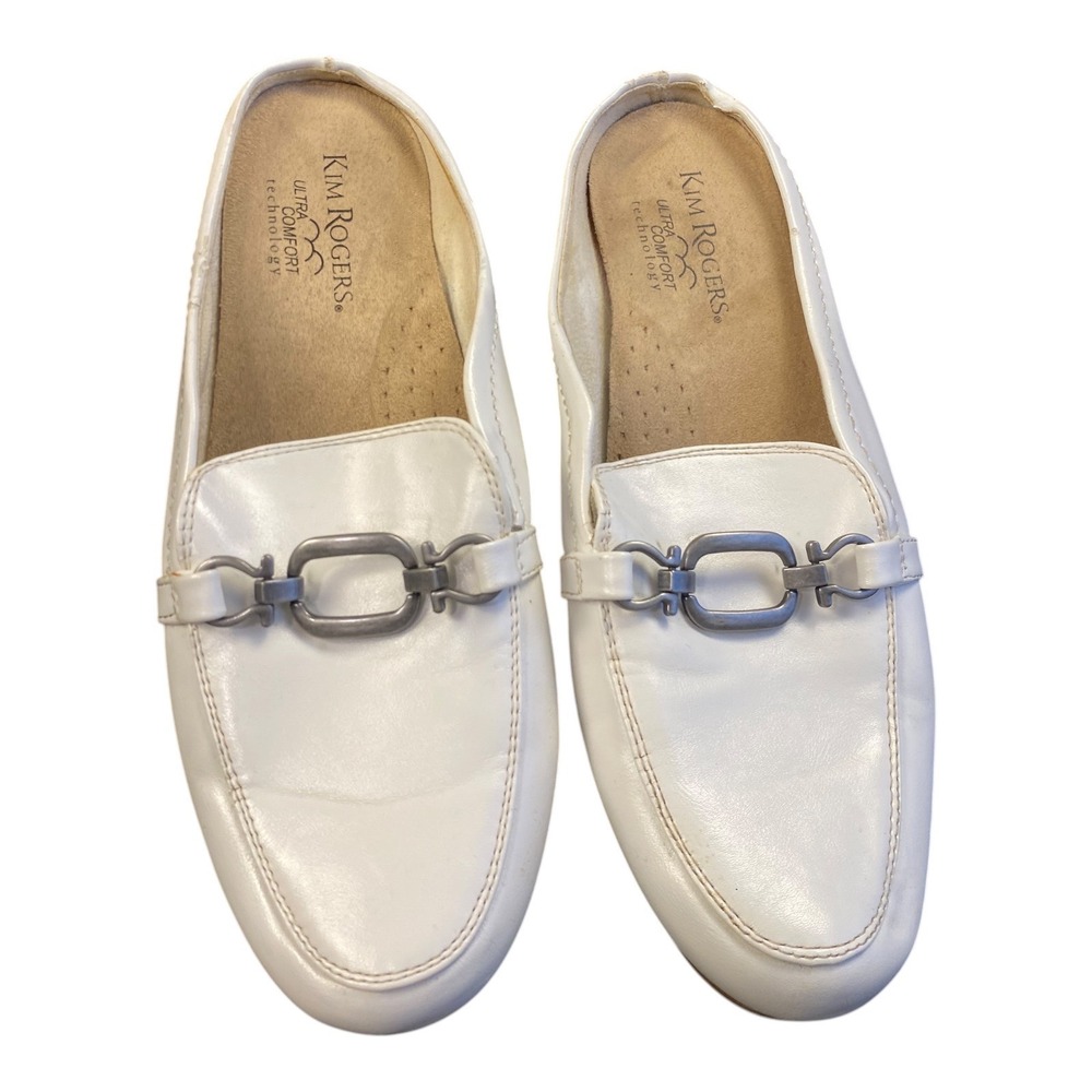 Kim Rogers Hazel White Leather Slip On Mules Loafers Shoes Women Size 7.5 M